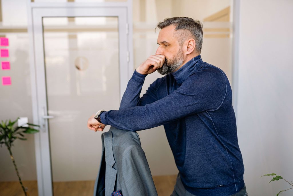 Anxious Thinking - anxiety therapy for men colorado springs co - therapy for men in colorado springs, co - therapist for men colorado springs co - denver co Anxious man thinking, highlighting worry and racing thoughts that can be supported through anxiety therapy for men in Colorado Springs, CO.